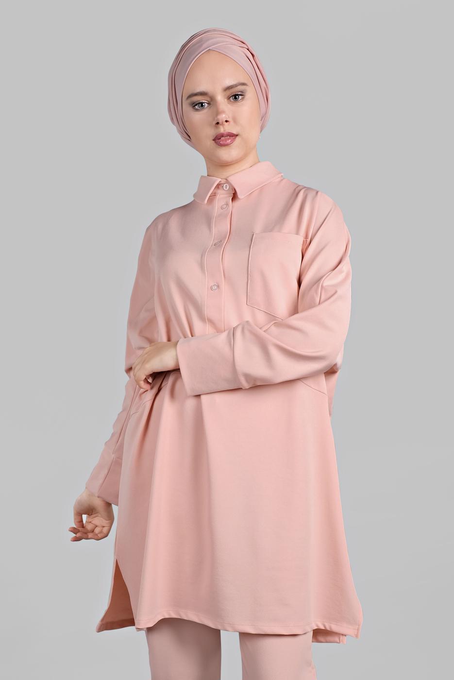 Tesettür giyim PUDRA YARASA KOL DETAYLI 2&prime;Lİ PANTOLONLU TAKIM 7811 
