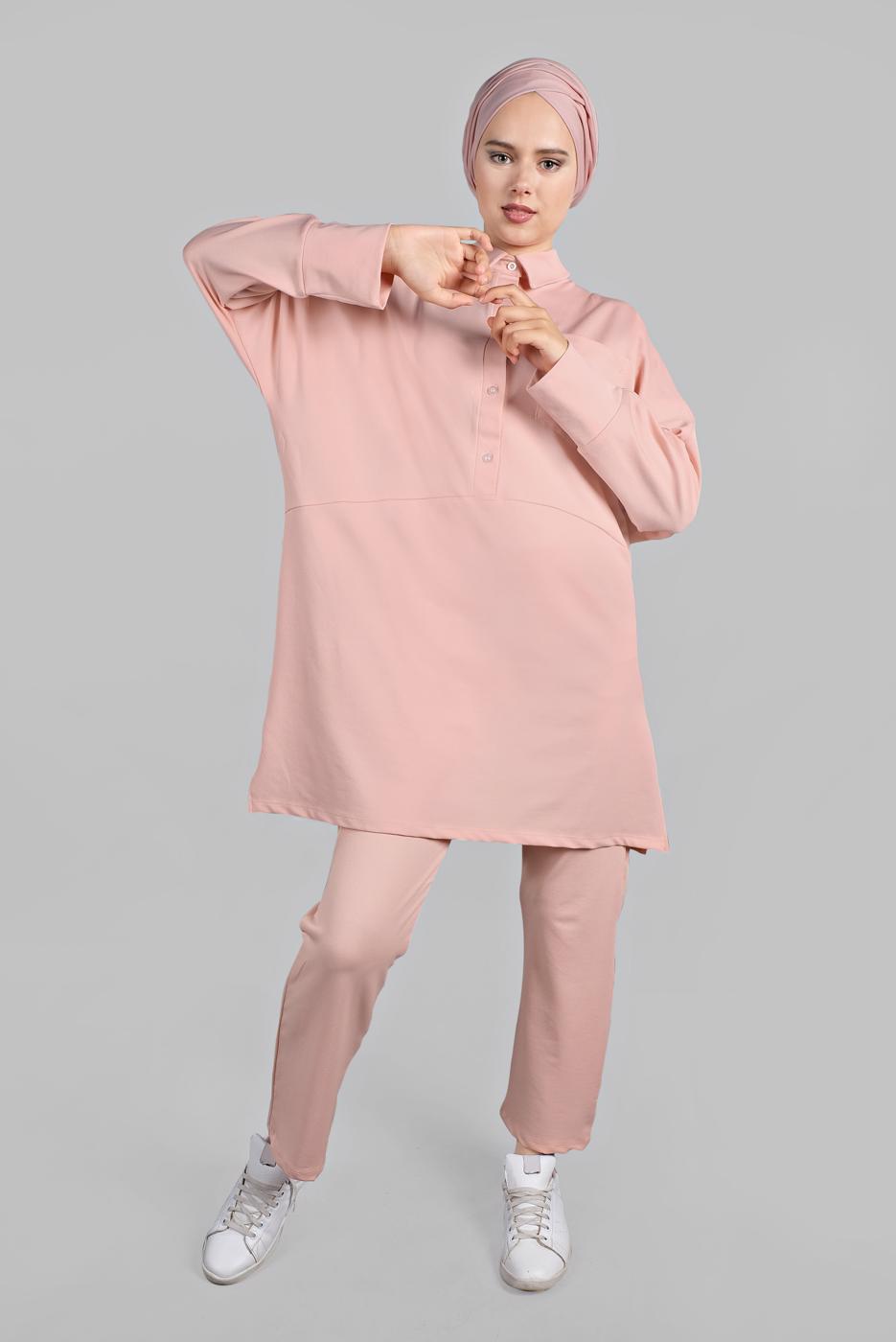 Tesettür giyim PUDRA YARASA KOL DETAYLI 2&prime;Lİ PANTOLONLU TAKIM 7811 