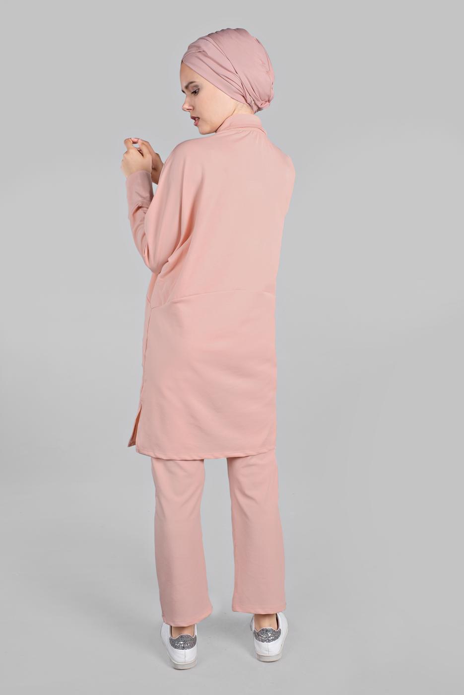 Tesettür giyim PUDRA YARASA KOL DETAYLI 2&prime;Lİ PANTOLONLU TAKIM 7811 