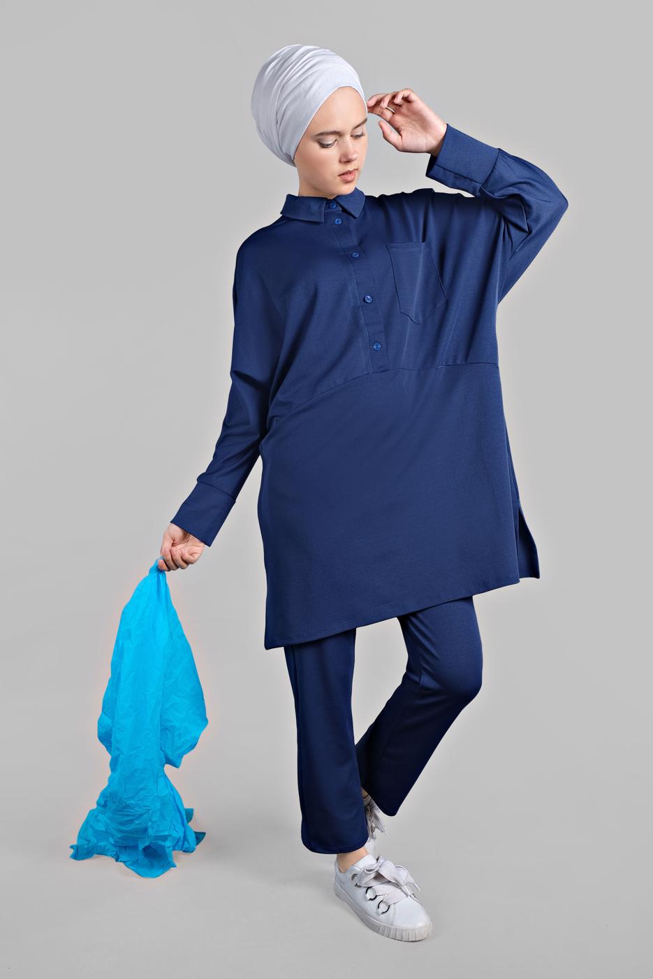 Tesettür giyim LACİVERT YARASA KOL DETAYLI 2&prime;Lİ PANTOLONLU TAKIM 7811 