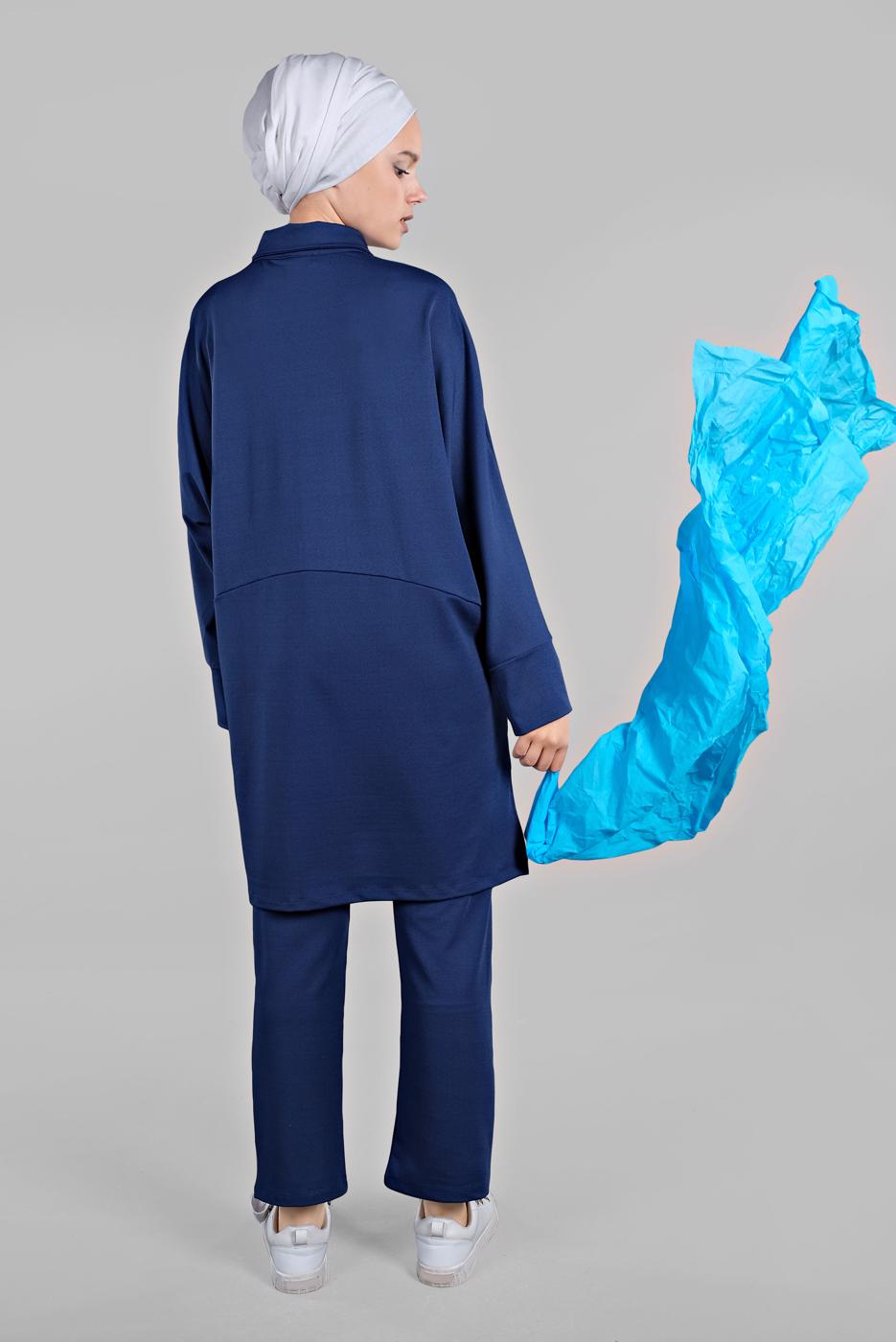 Tesettür giyim LACİVERT YARASA KOL DETAYLI 2&prime;Lİ PANTOLONLU TAKIM 7811 