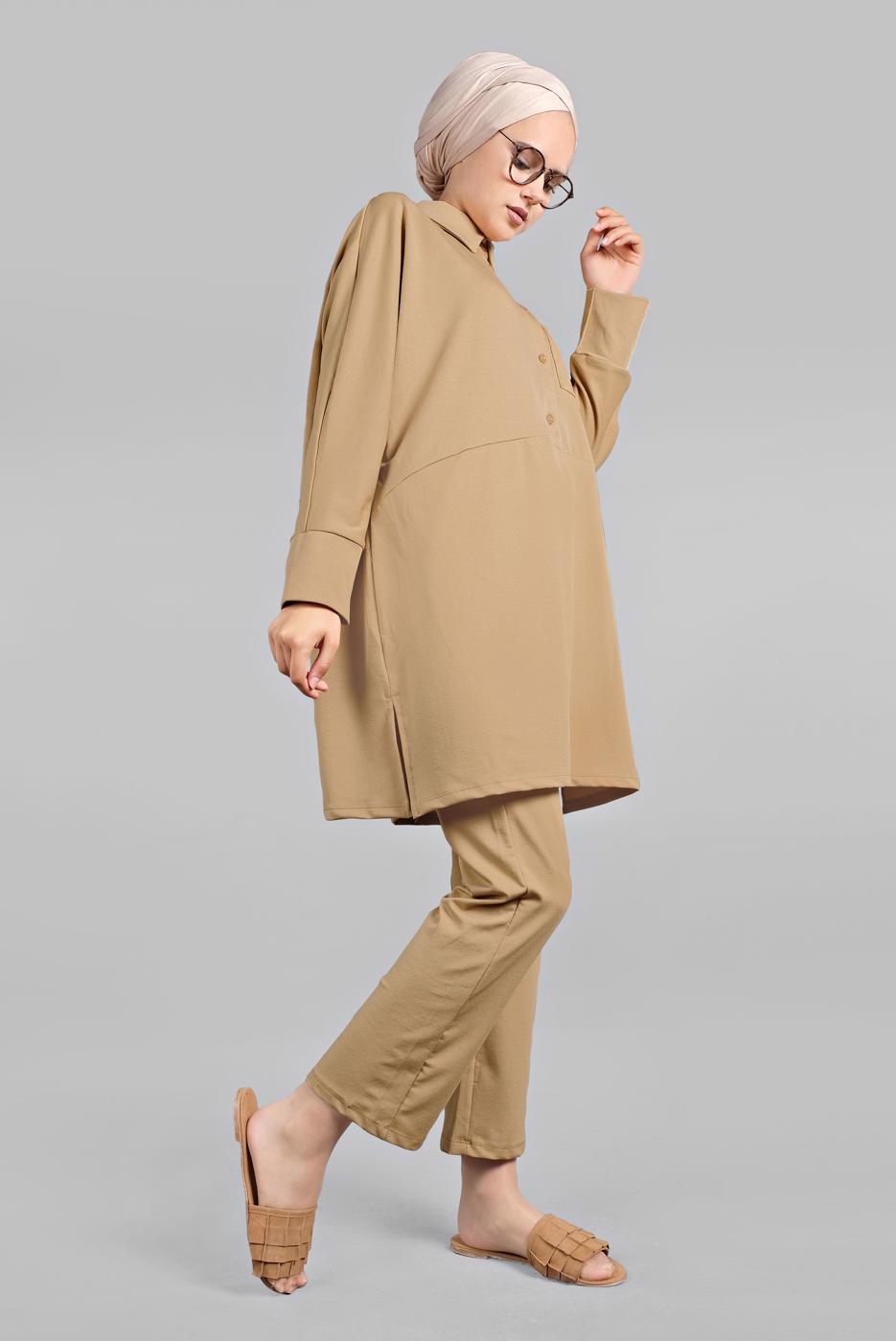 Tesettür giyim KAHVE YARASA KOL DETAYLI 2&prime;Lİ PANTOLONLU TAKIM 7811 