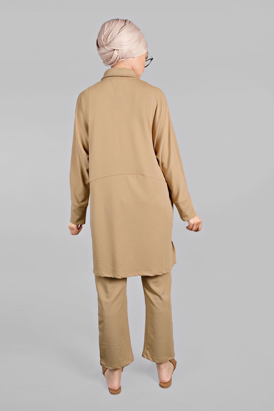 Tesettür giyim KAHVE YARASA KOL DETAYLI 2&prime;Lİ PANTOLONLU TAKIM 7811 