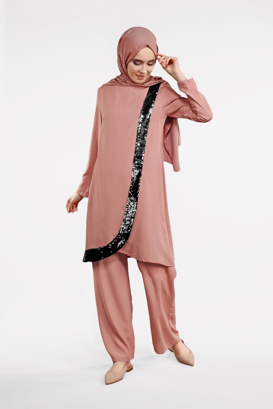 Tesettür giyim PEMBE PUL PAYET DETAYLI 2&prime;Lİ TAKIM 7812