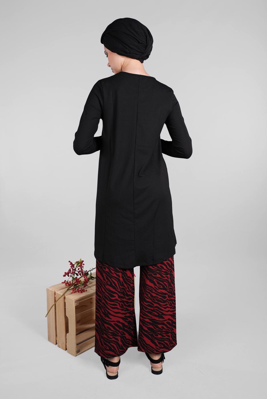 Tesettür giyim SİYAH ZEBRA DESEN FİTİLLİ 2&prime;Lİ PANTOLONLU TAKIM 8016 