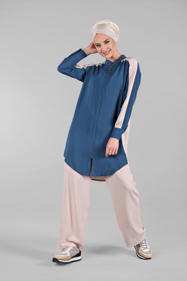 Tesettür giyim  FERMUARLI İKİ RENK PANTOLONLU TAKIM 8081 - TRENDTESETTÜR
