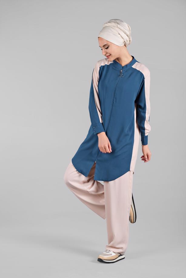 Tesettür giyim  FERMUARLI İKİ RENK PANTOLONLU TAKIM 8081 - TRENDTESETTÜR