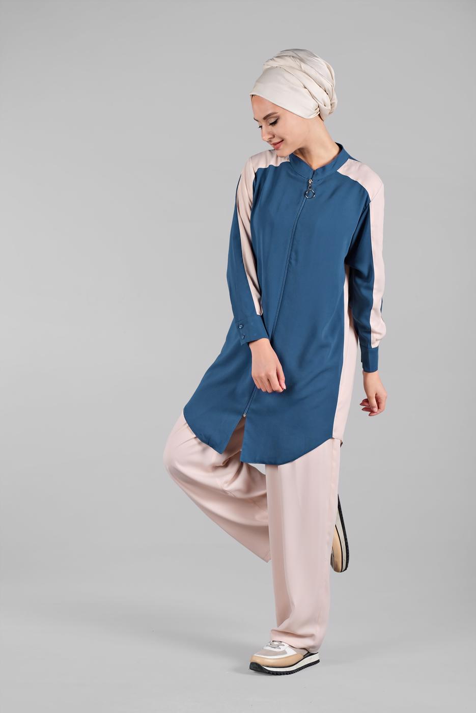 Tesettür giyim LACİVERT FERMUARLI İKİ RENK PANTOLONLU TAKIM 8081