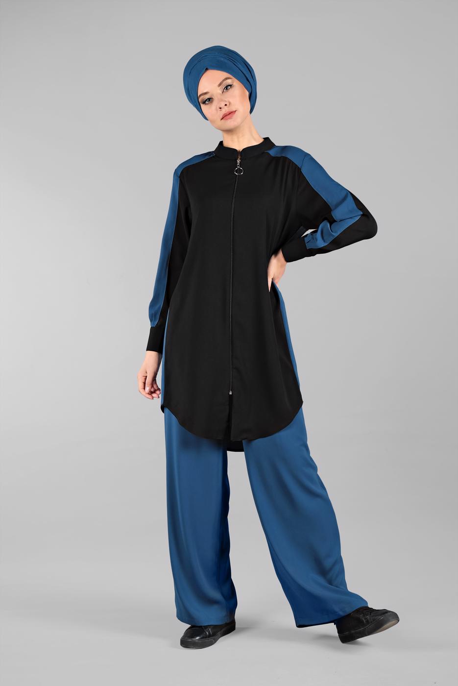 Tesettür giyim LACİVERT FERMUARLI İKİ RENK PANTOLONLU TAKIM 8081 