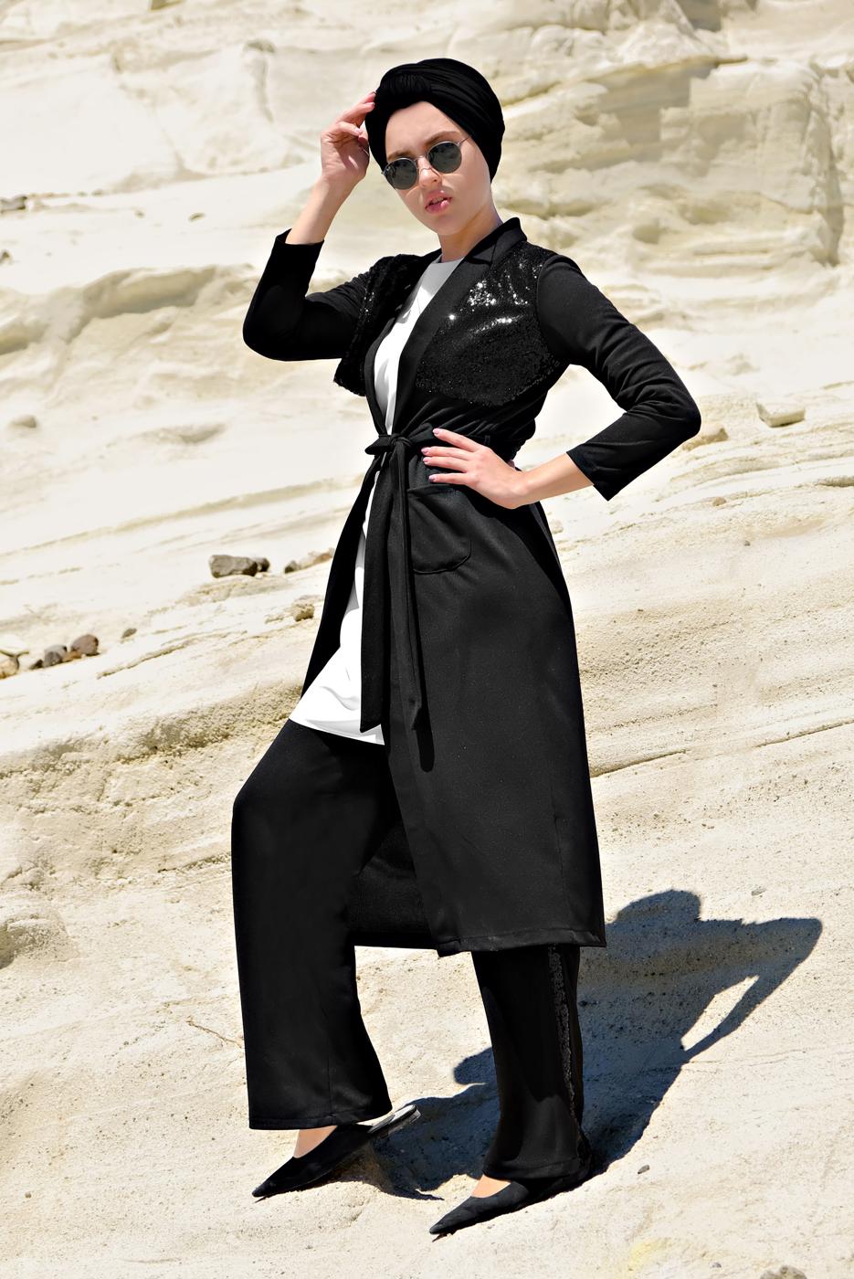 Tesettür giyim SİYAH PUL PAYET DETAYLI ÖNDEN BAĞLAMALI  2&prime;Lİ PANT. TAKIM 8401 