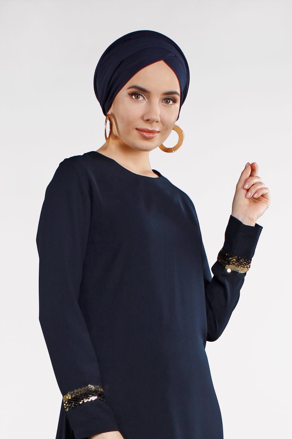 Tesettür giyim LACİVERT PUL PAYETLİ 2&prime;Lİ PANTOLONLU TAKIM 8547