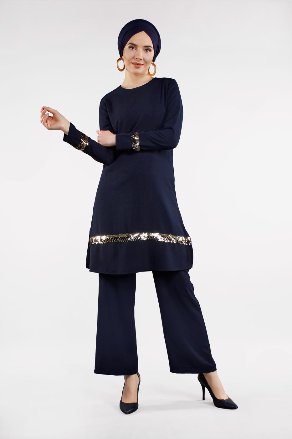 Tesettür giyim LACİVERT PUL PAYETLİ 2&prime;Lİ PANTOLONLU TAKIM 8547