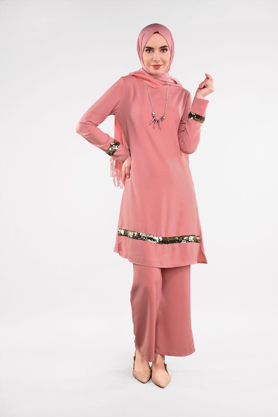 Tesettür giyim MERCAN PUL PAYETLİ 2&prime;Lİ PANTOLONLU TAKIM 8547