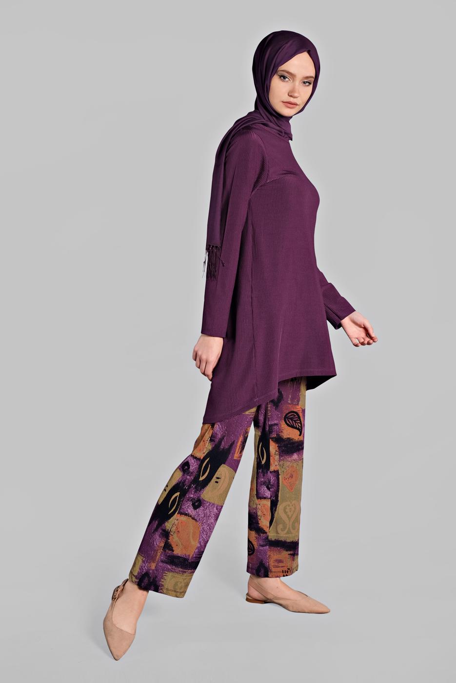 Tesettür giyim MOR ASİMETRİK KESİM FİTİLLİ 2&prime;Lİ PANTOLONLU TAKIM 8825
