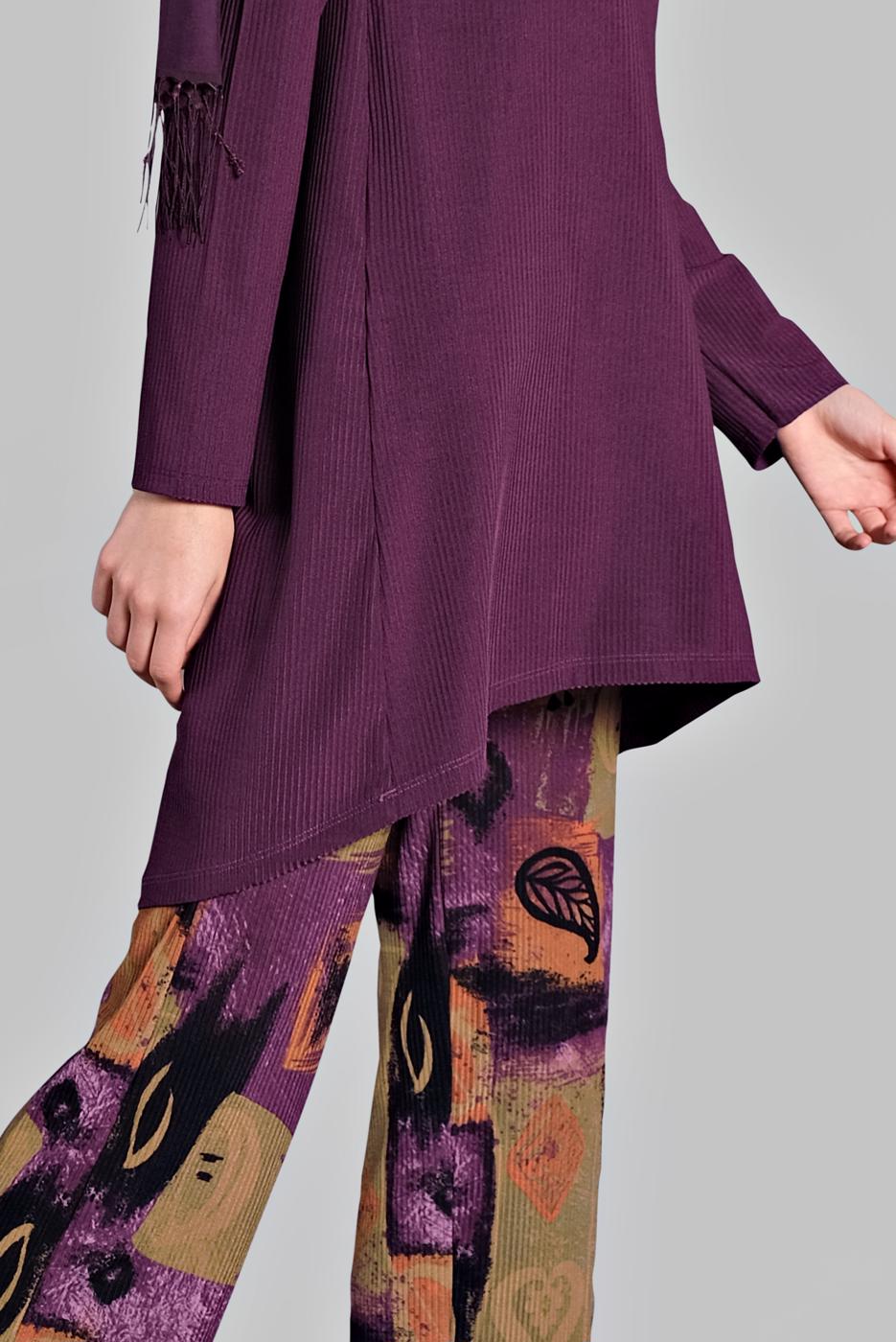 Tesettür giyim MOR ASİMETRİK KESİM FİTİLLİ 2&prime;Lİ PANTOLONLU TAKIM 8825