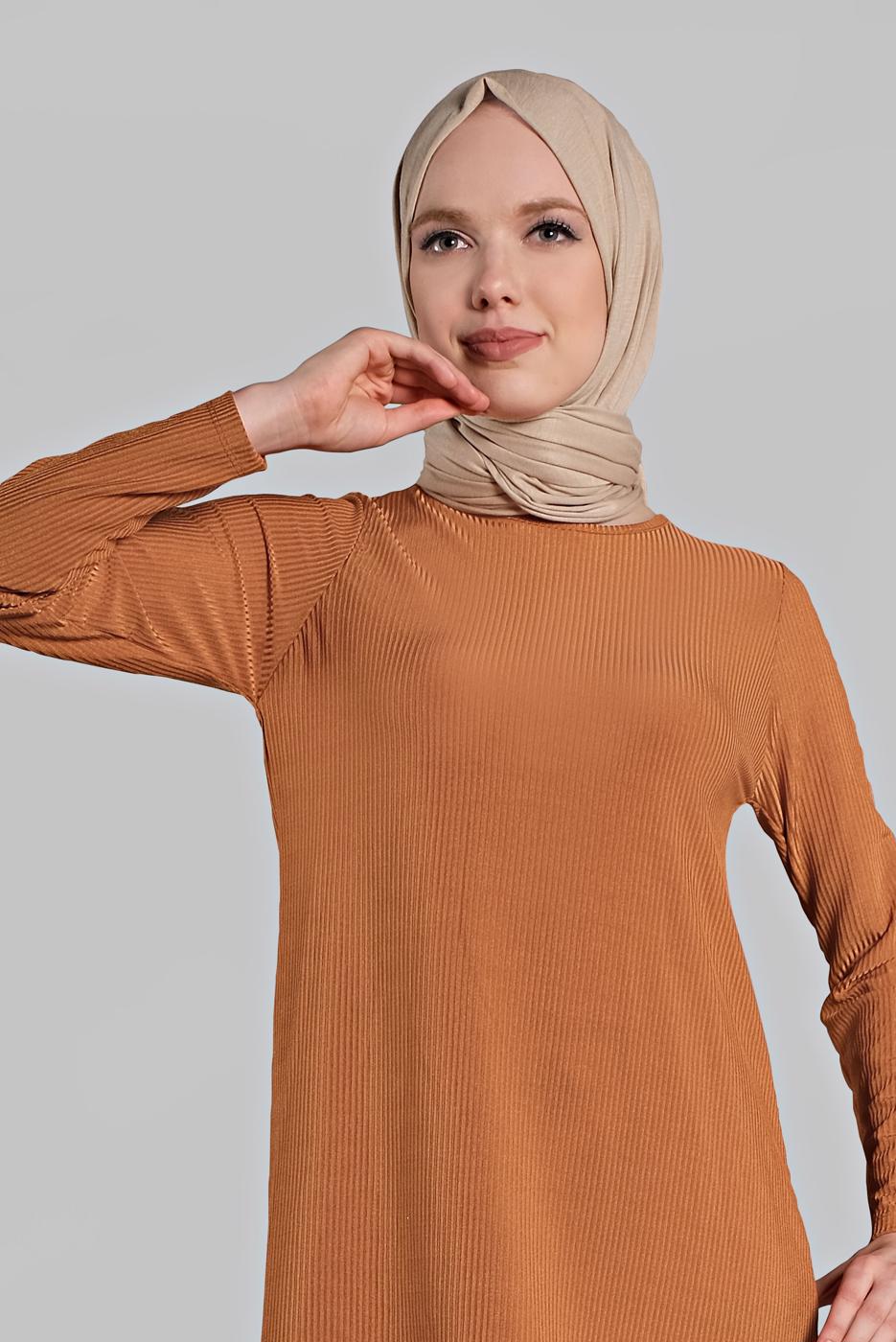 Tesettür giyim TURUNCU ASİMETRİK KESİM FİTİLLİ 2&prime;Lİ PANTOLONLU TAKIM 8825