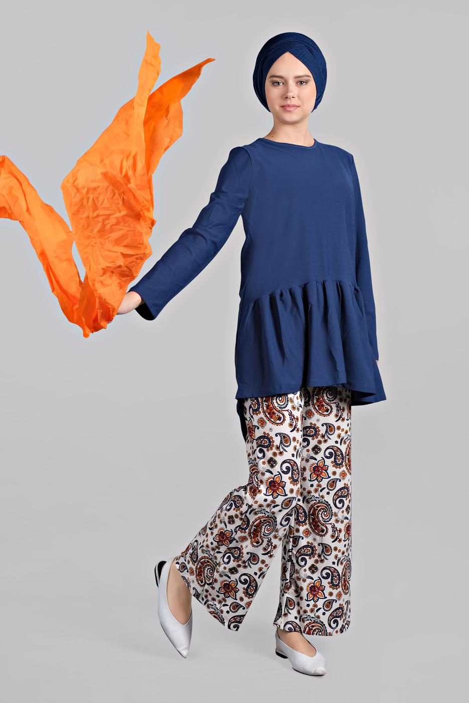 Tesettür giyim MAVİ ETEK UCU VOLANLI ETNİK DESENLİ 2&prime;Lİ PANTOLONLU TAKIM 8906