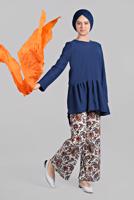 Tesettür giyim MAVİ ETEK UCU VOLANLI ETNİK DESENLİ 2&prime;Lİ PANTOLONLU TAKIM 8906