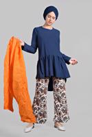 Tesettür giyim MAVİ ETEK UCU VOLANLI ETNİK DESENLİ 2&prime;Lİ PANTOLONLU TAKIM 8906