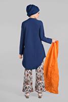 Tesettür giyim MAVİ ETEK UCU VOLANLI ETNİK DESENLİ 2&prime;Lİ PANTOLONLU TAKIM 8906