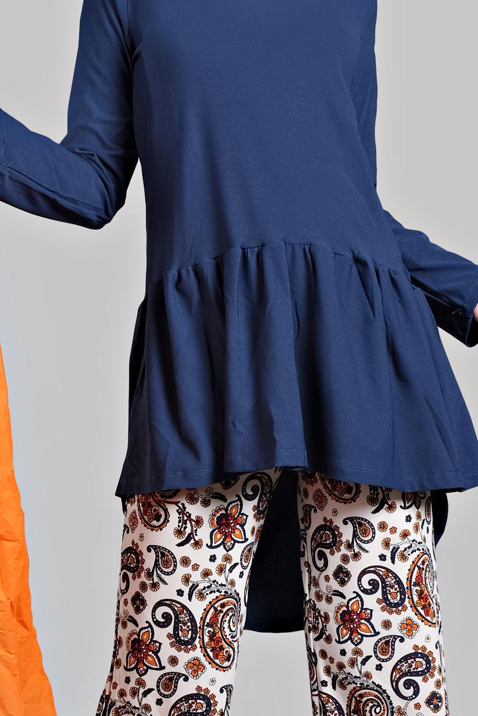 Tesettür giyim MAVİ ETEK UCU VOLANLI ETNİK DESENLİ 2&prime;Lİ PANTOLONLU TAKIM 8906