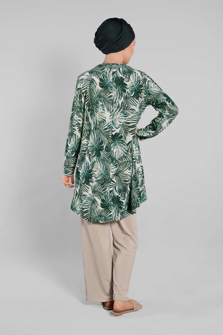 Tesettür giyim YEŞİL DESENLİ ASİMETRİK KESİMLİ 2&prime;Lİ PANTOLONLU TAKIM 8925 