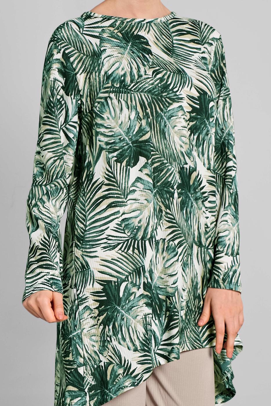 Tesettür giyim YEŞİL DESENLİ ASİMETRİK KESİMLİ 2&prime;Lİ PANTOLONLU TAKIM 8925 