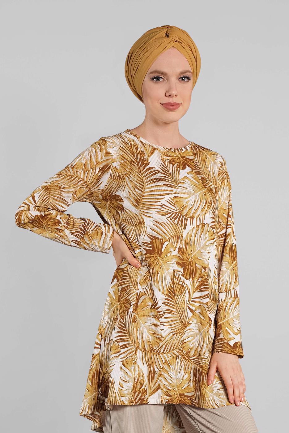 Tesettür giyim SARI DESENLİ ASİMETRİK KESİMLİ 2&prime;Lİ PANTOLONLU TAKIM 8925 