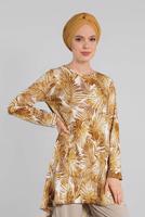 Tesettür giyim SARI DESENLİ ASİMETRİK KESİMLİ 2&prime;Lİ PANTOLONLU TAKIM 8925 