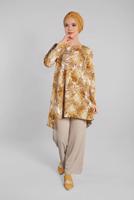 Tesettür giyim SARI DESENLİ ASİMETRİK KESİMLİ 2&prime;Lİ PANTOLONLU TAKIM 8925 