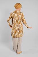 Tesettür giyim SARI DESENLİ ASİMETRİK KESİMLİ 2&prime;Lİ PANTOLONLU TAKIM 8925 