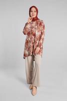 Tesettür giyim KAHVE DESENLİ ASİMETRİK KESİMLİ 2&prime;Lİ PANTOLONLU TAKIM 8925 