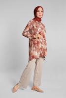 Tesettür giyim KAHVE DESENLİ ASİMETRİK KESİMLİ 2&prime;Lİ PANTOLONLU TAKIM 8925 