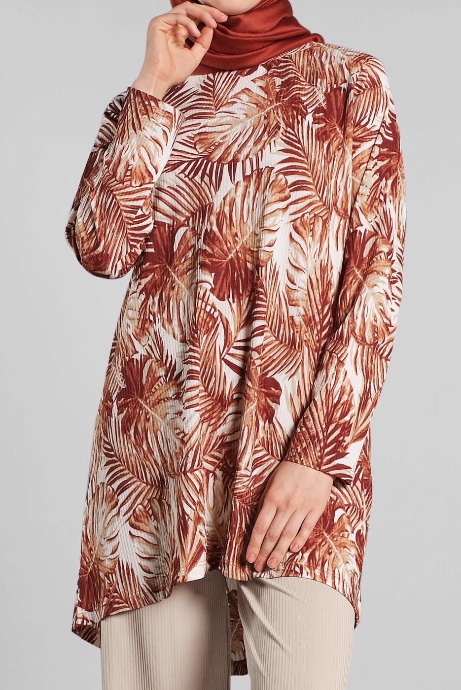 Tesettür giyim KAHVE DESENLİ ASİMETRİK KESİMLİ 2&prime;Lİ PANTOLONLU TAKIM 8925 