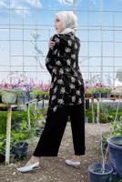 Tesettür giyim SİYAH ÇİÇEK BASKILI ASİMETRİK KESİM 2&prime;Lİ PANTOLONLU TAKIM 9126 