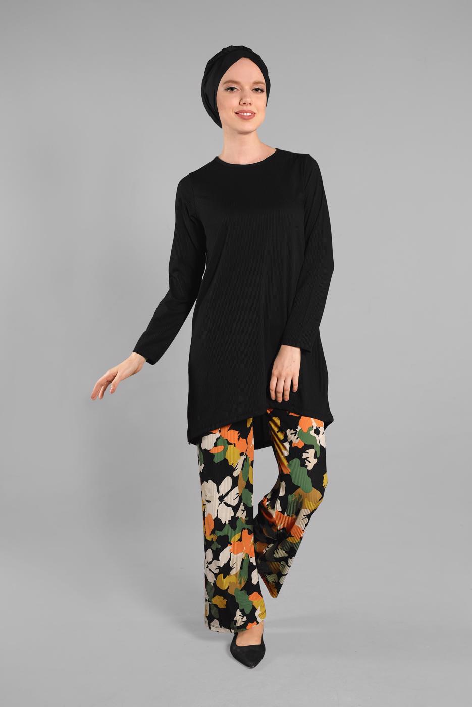 Tesettür giyim SİYAH ASİMETRİK KESİM FİTİLLİ 2&prime;Lİ PANTOLONLU TAKIM 9525