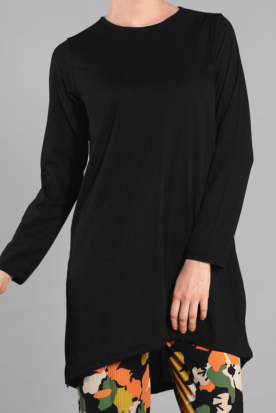 Tesettür giyim SİYAH ASİMETRİK KESİM FİTİLLİ 2&prime;Lİ PANTOLONLU TAKIM 9525