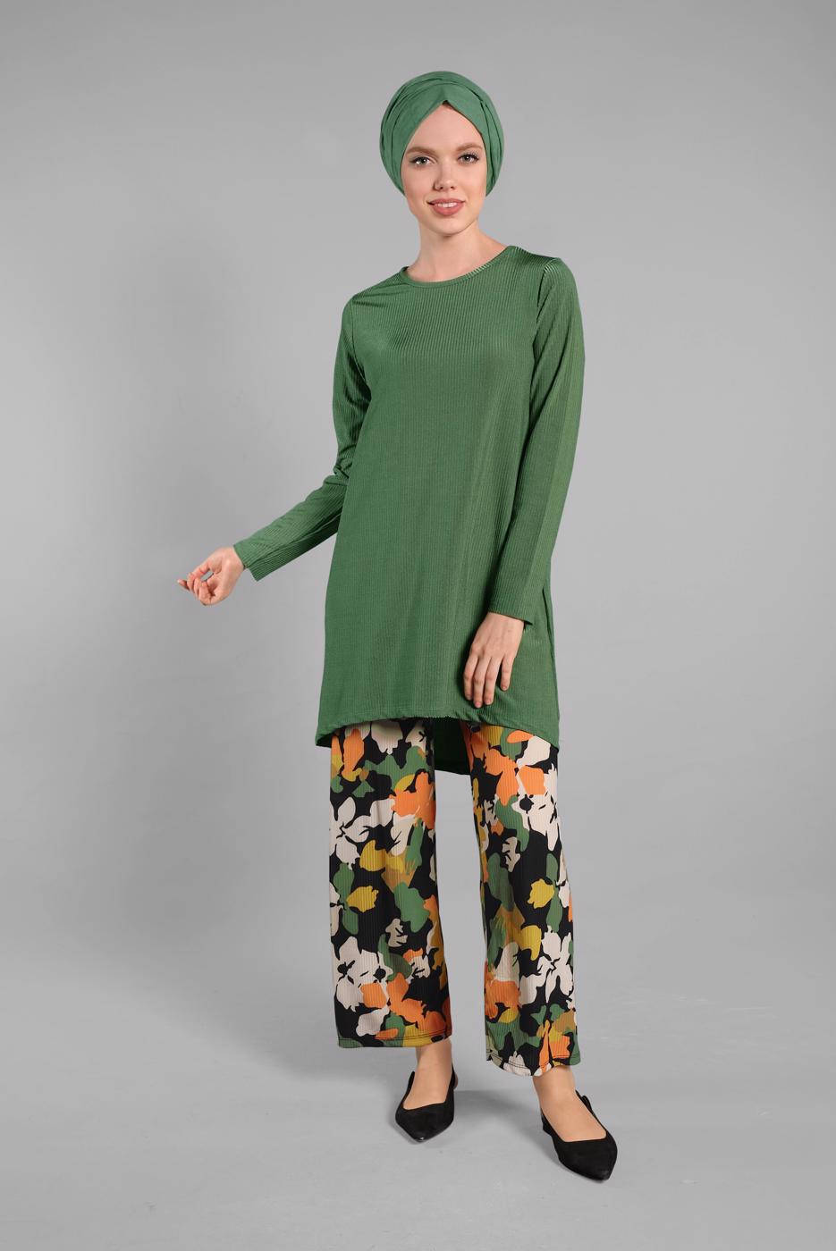 Tesettür giyim YEŞİL ASİMETRİK KESİM FİTİLLİ 2&prime;Lİ PANTOLONLU TAKIM 9525