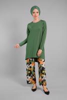 Tesettür giyim YEŞİL ASİMETRİK KESİM FİTİLLİ 2&prime;Lİ PANTOLONLU TAKIM 9525