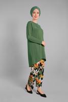Tesettür giyim YEŞİL ASİMETRİK KESİM FİTİLLİ 2&prime;Lİ PANTOLONLU TAKIM 9525