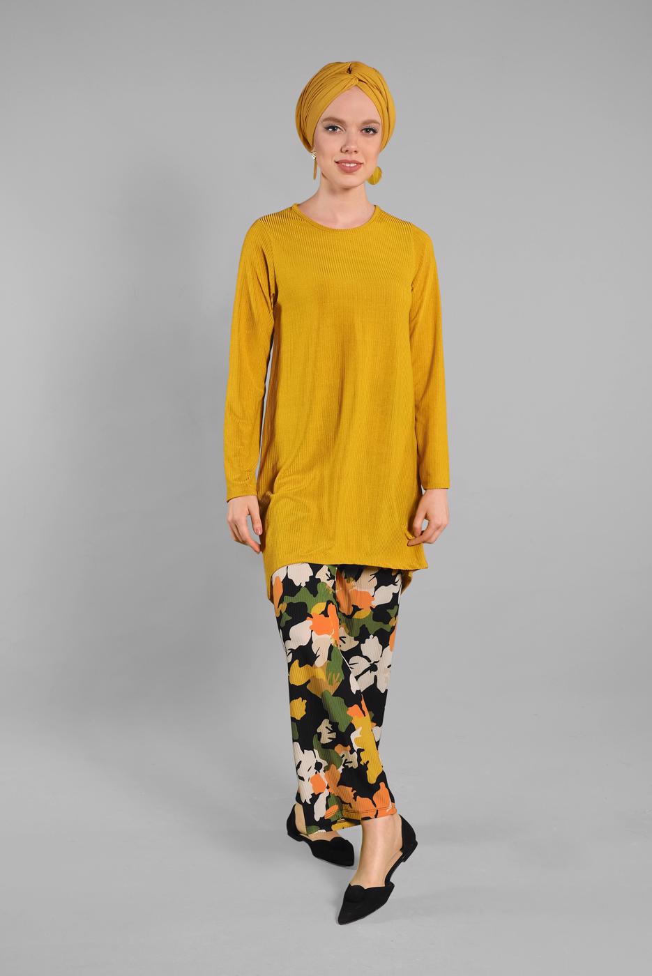 Tesettür giyim SARI ASİMETRİK KESİM FİTİLLİ 2&prime;Lİ PANTOLONLU TAKIM 9525