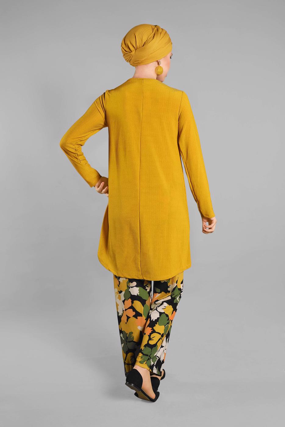 Tesettür giyim SARI ASİMETRİK KESİM FİTİLLİ 2&prime;Lİ PANTOLONLU TAKIM 9525