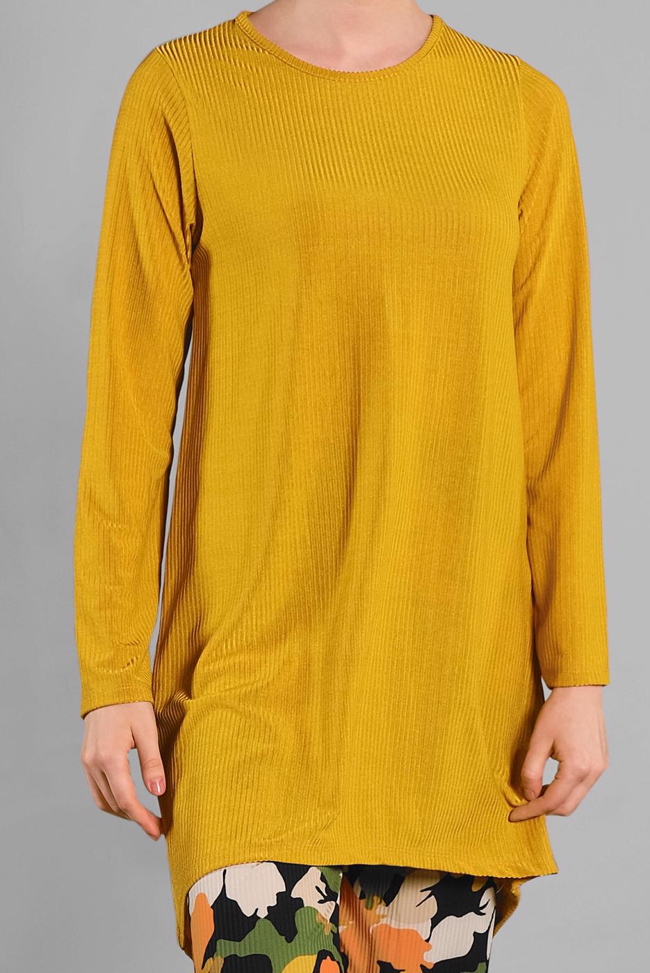 Tesettür giyim SARI ASİMETRİK KESİM FİTİLLİ 2&prime;Lİ PANTOLONLU TAKIM 9525