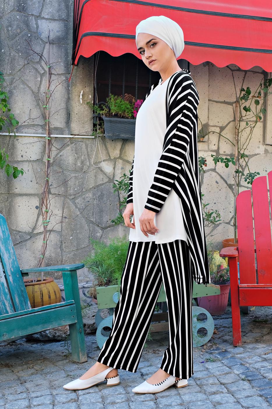 Tesettür giyim SİYAH ÇİZGİLİ 3&prime;LÜ PANTOLONLU TAKIM 9615