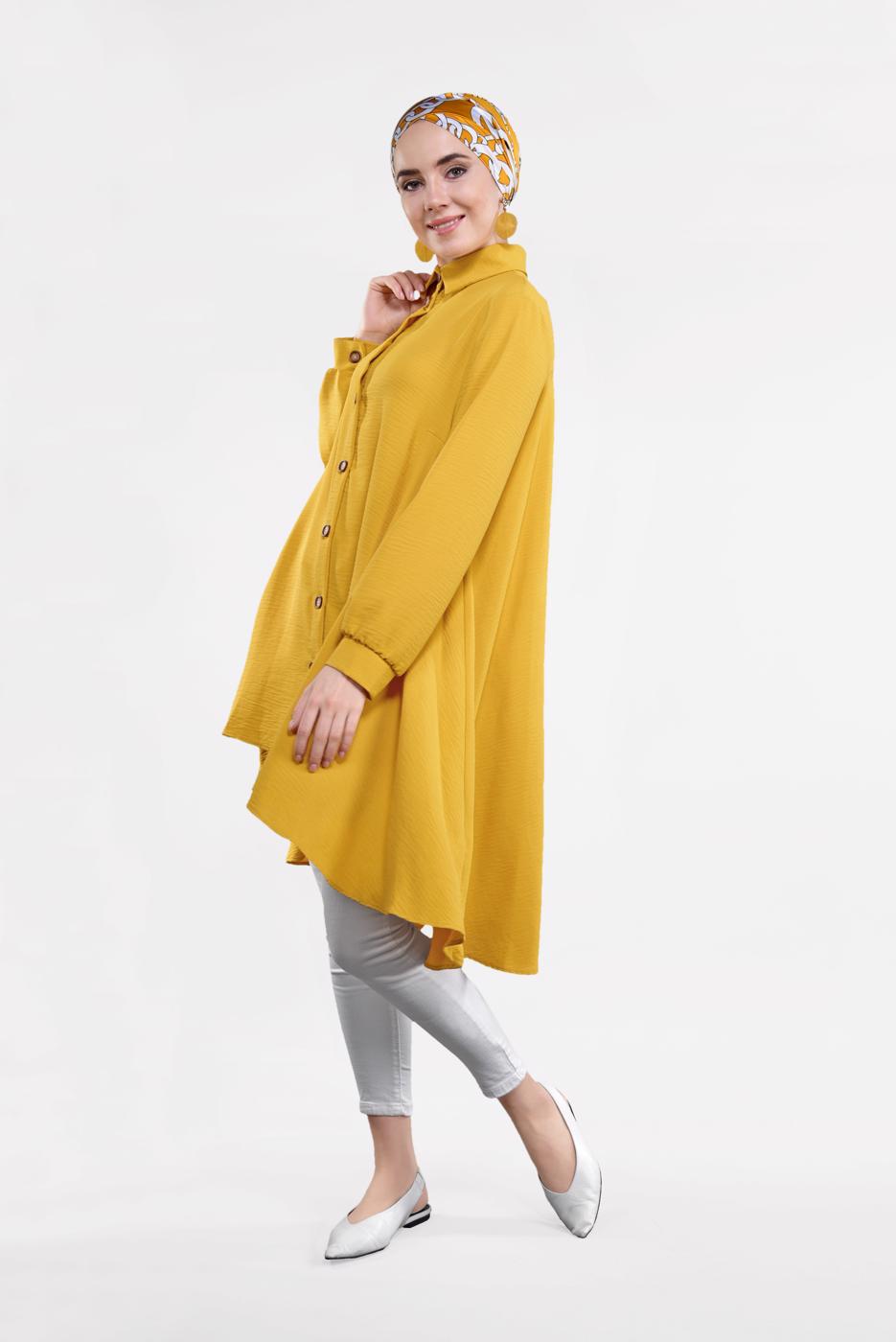 Tesettür giyim SARI ETEK UCU VOLANLI GENİŞ TUNİK 07881