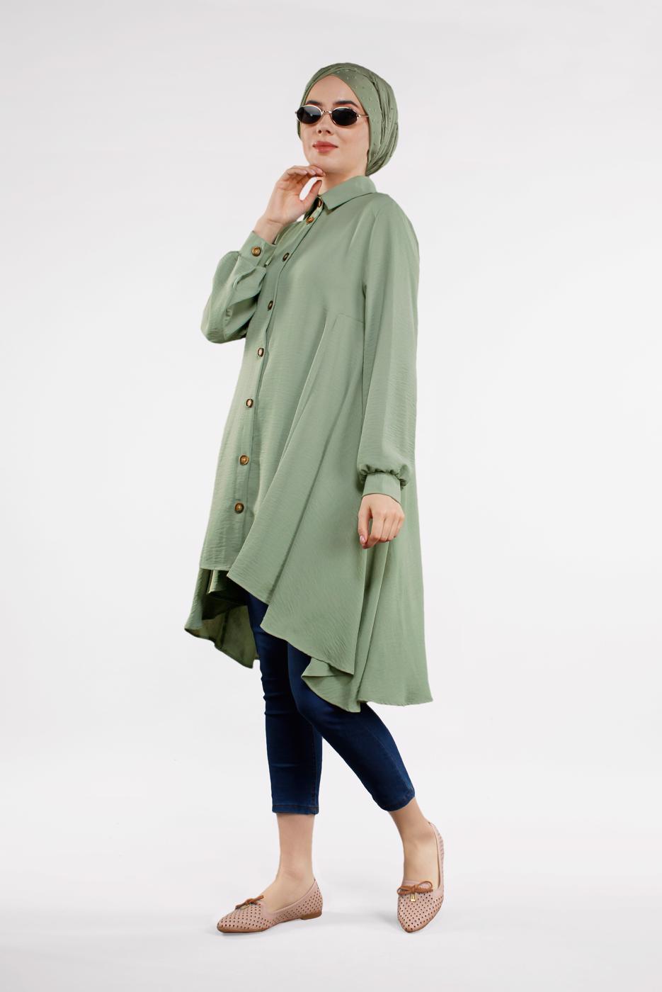 Tesettür giyim YEŞİL ETEK UCU VOLANLI GENİŞ TUNİK 07881