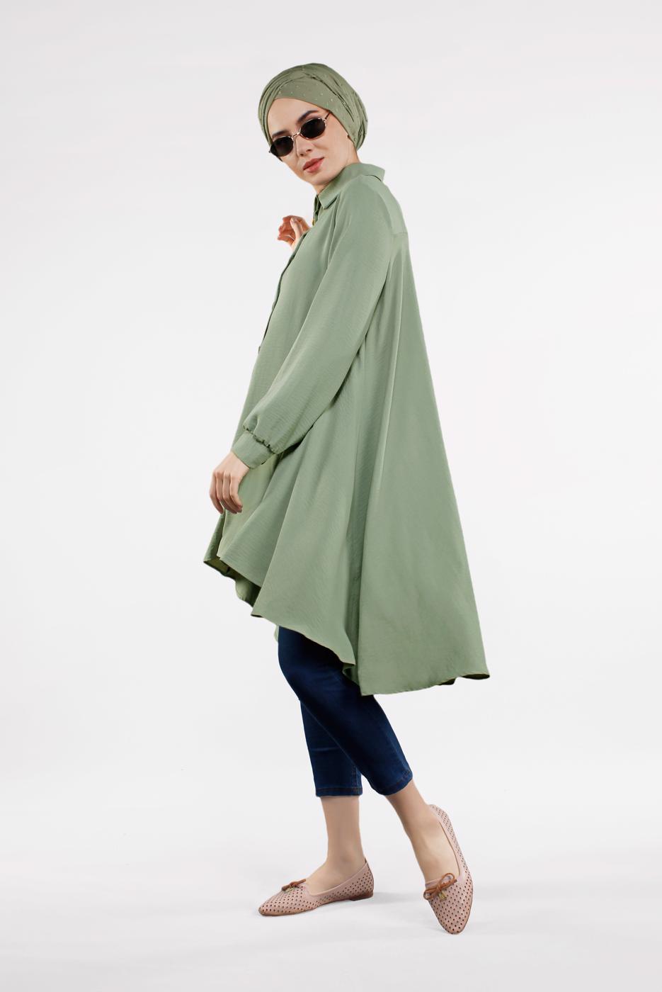 Tesettür giyim YEŞİL ETEK UCU VOLANLI GENİŞ TUNİK 07881