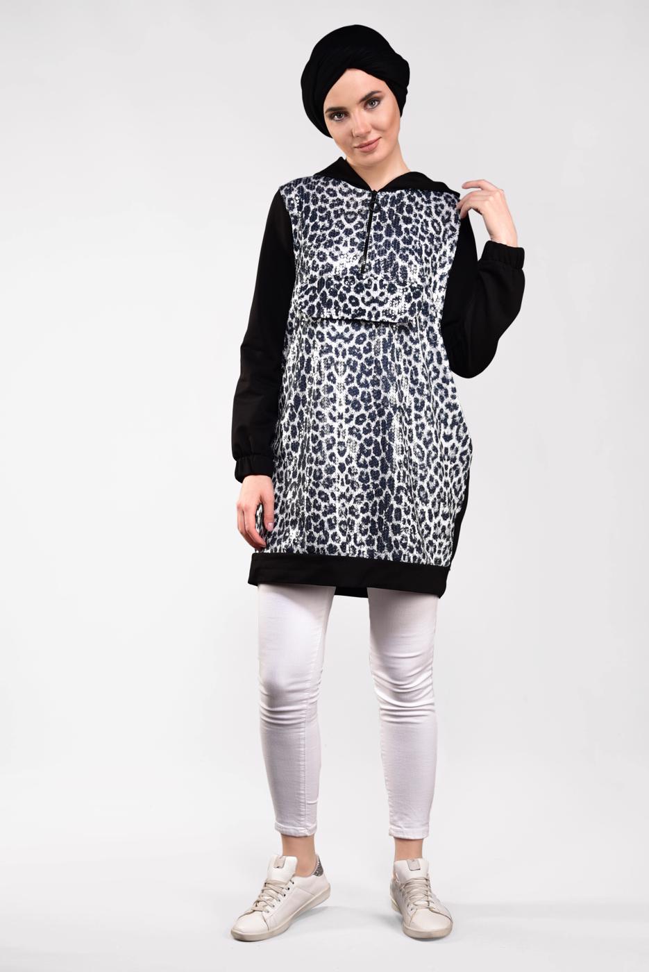 Tesettür giyim GRİ LEOPAR DESENLİ PUL PAYETLİ TUNİK 21491