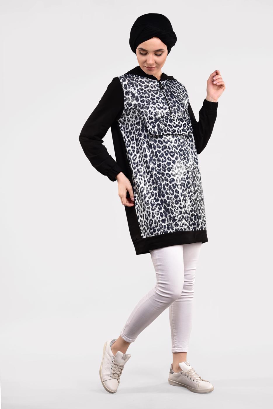 Tesettür giyim GRİ LEOPAR DESENLİ PUL PAYETLİ TUNİK 21491
