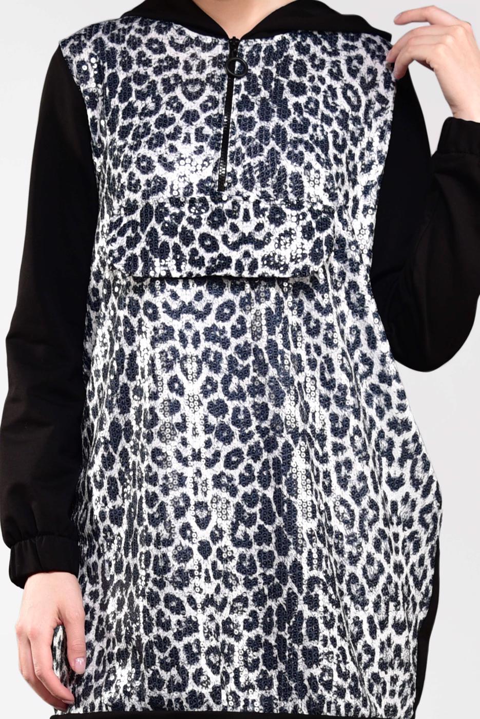 Tesettür giyim GRİ LEOPAR DESENLİ PUL PAYETLİ TUNİK 21491
